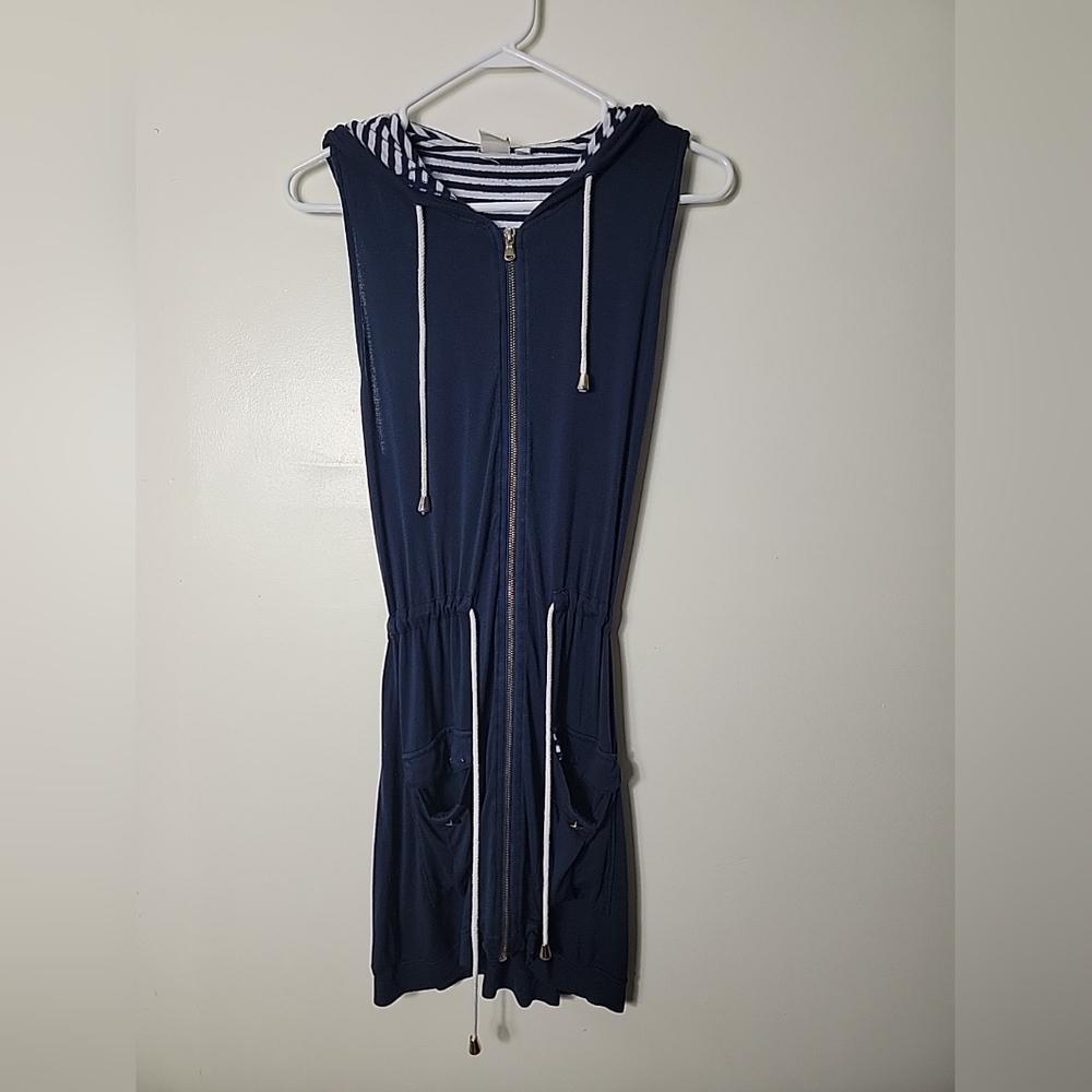 Saint Topez West Women's Blue White Sleeveless Hooded Zip Up Top, M